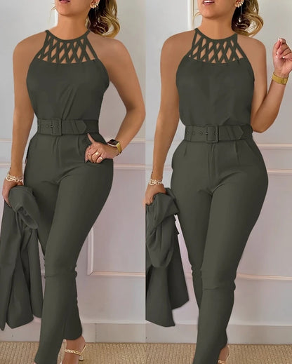 Two Piece Set Women Outfit 2025 Summer Fashion Hollow Out Round Neck Sleeveless Tank Top & Casual Pocket Daily Pants Set