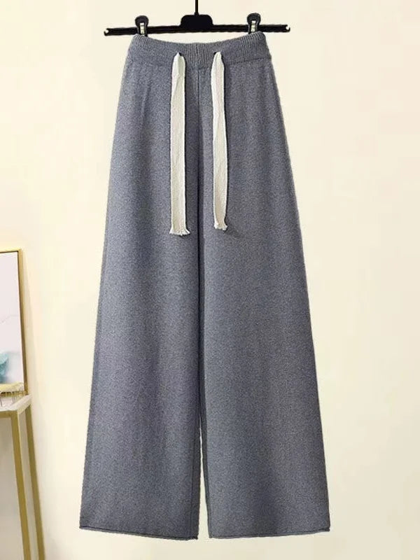 Winter Warm Knit wears Sets For Women Turtleneck Long Sleeve Pullover Sweater+ high Waist Wide Leg Drawstring Knitted Pants Sets