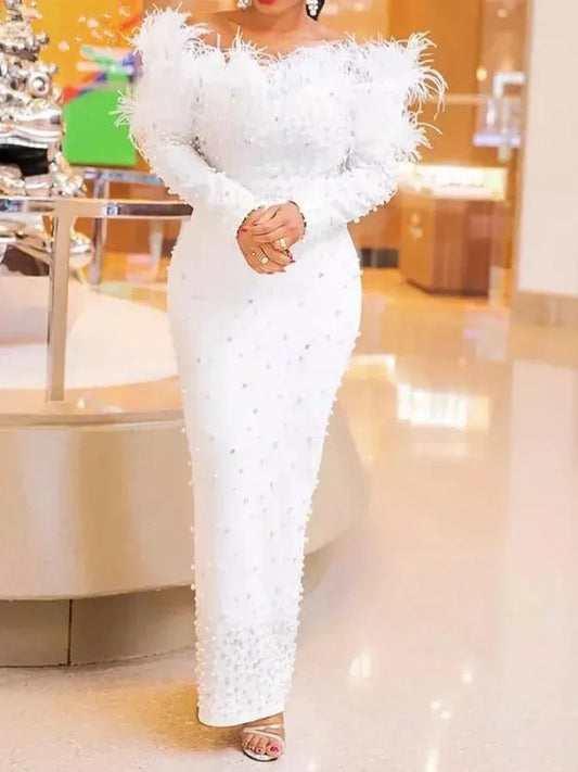 Luxury Feather Beading Party Dress For Women Sexy Off Shoulder Long Sleeve Elegant Bodycon Formal Event Evening Wedding Robes