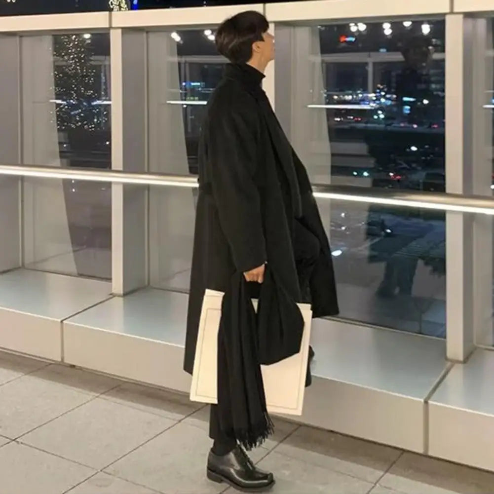 Korean Trend Men's Loose Casual Single-breasted Overcoat Autumn Winter Fashion New Long Sleeve Woolen Long Coat