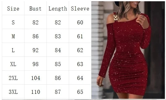 Party Shiny Slim Dress Women's Long Sleeved Diagonal Collar Mini Dresses Elegant Autumn Sexy Dresses