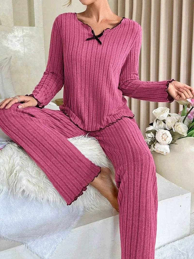 Women Autumn Winter Sleepwear Ribbed Pajamas Set Long Sleeve Top and Long Pants 2 Piece Set Casual Home wear Loungewear