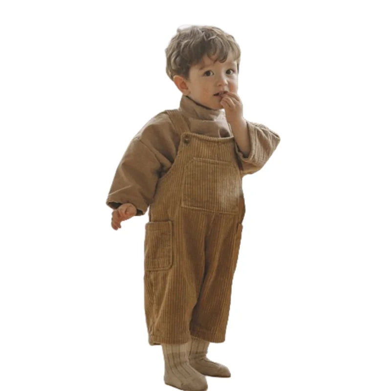 2025 New Korean Toddler Baby Boys Corduroy Overalls Casual Look Front Pocket One Piece Baby Pants Girls Trousers