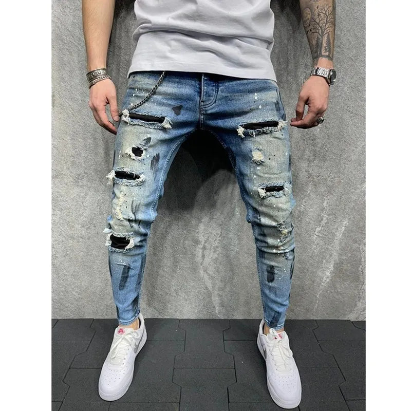 Men Jeans Knee Hole Ripped Stretch Skinny Denim Pants Solid Splice Color Blue Autumn Summer Hip-Hop Style Slim Fit Trousers 2025