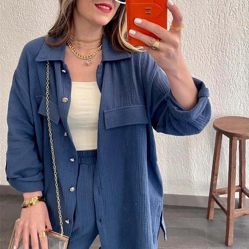 Summer outfits for women 2025 New Loose Button Long Sleeve Shirt and Cropped Pants Casual Sports Summer women's suit Pants Set