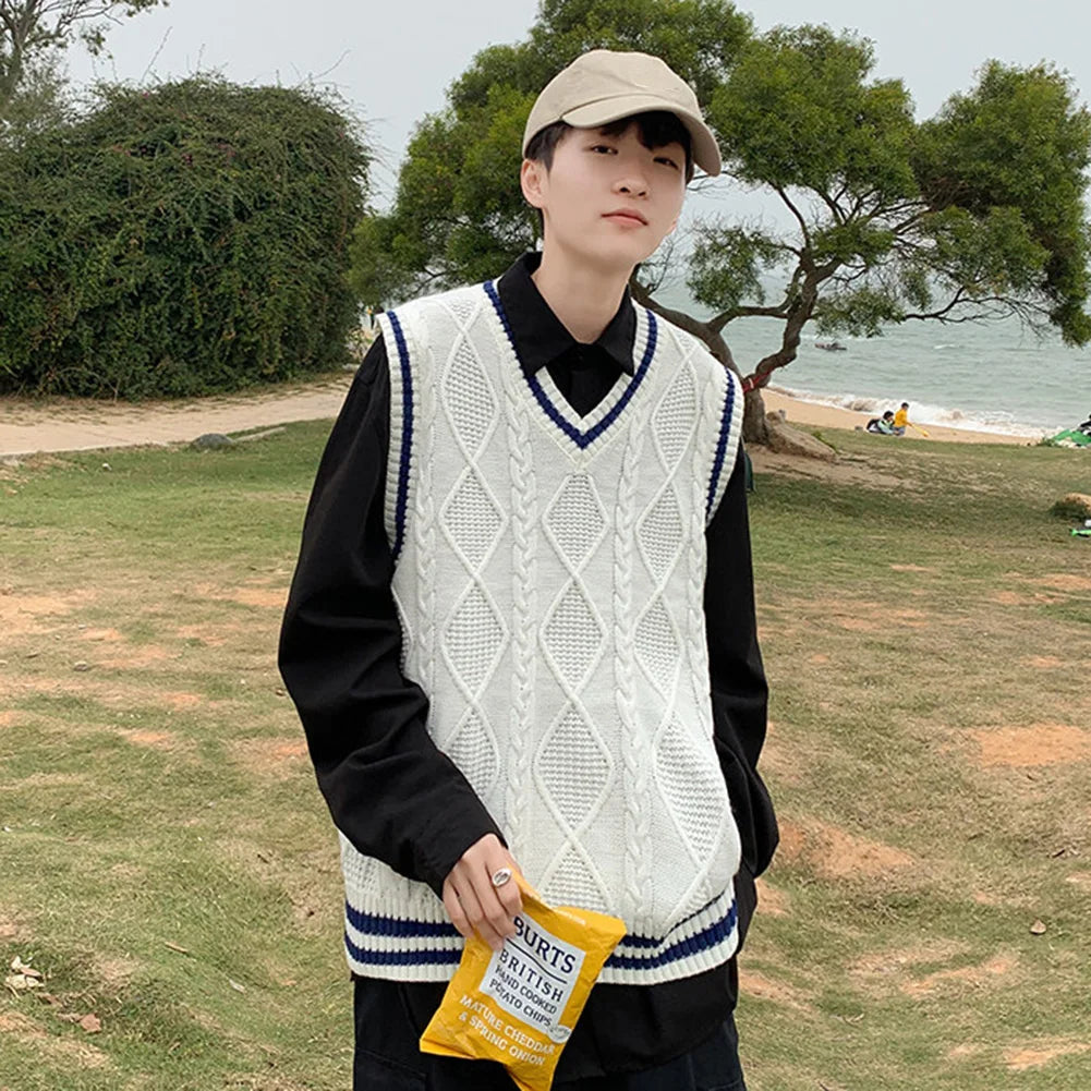 Men's Classic Contrast Color Thermal V-Neck Comfortable Cardigan Sleeveless Slight Stretch Solid Vest Simple Loose Waistcoat Tops