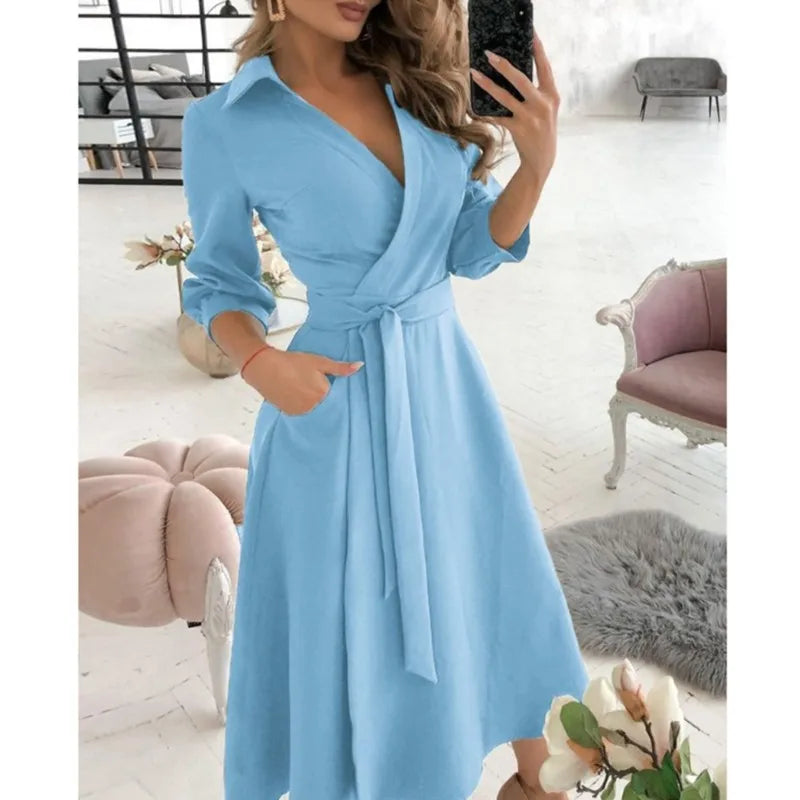 Office Women Casual Sashes A-Line Wrap Summer Dress 2025 Print Long Sleeve V-Neck Dress Pocket Elegant Midi Party Dress Vestidos