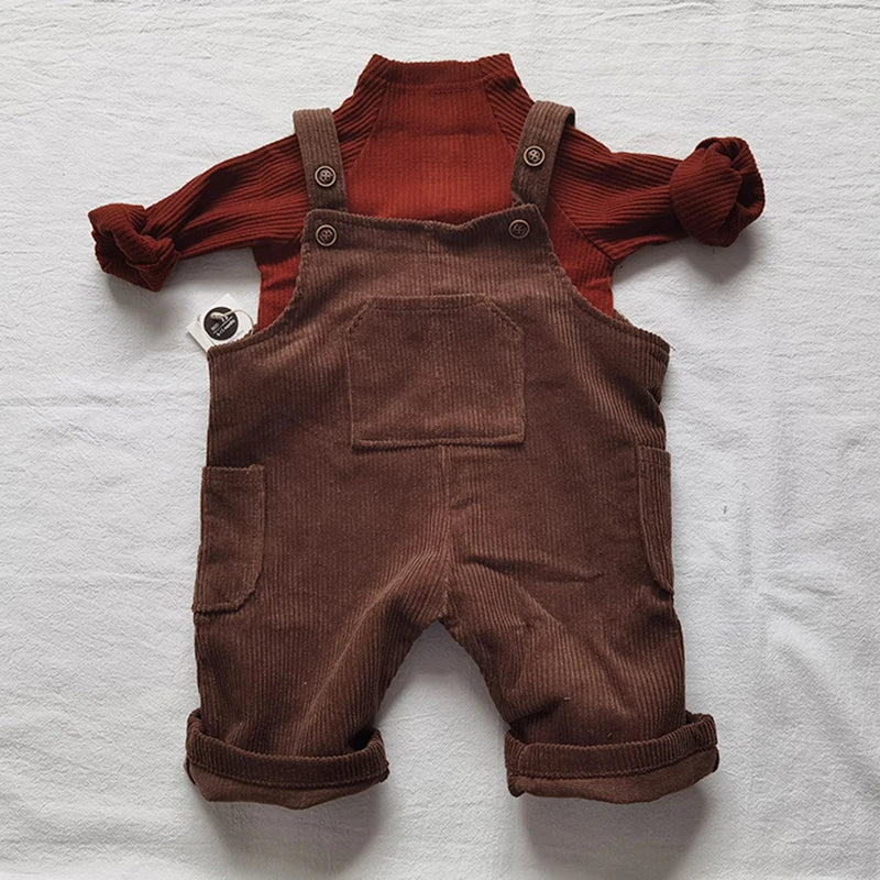 2025 New Korean Toddler Baby Boys Corduroy Overalls Casual Look Front Pocket One Piece Baby Pants Girls Trousers