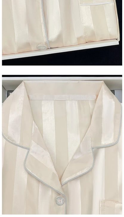 Women's Pajamas Sets Spring Autumn 2 Piece Striped Pajama Faux Silk Satin Sleepwear Long Sleeve Button Pajama Mujer Pjs Home wear