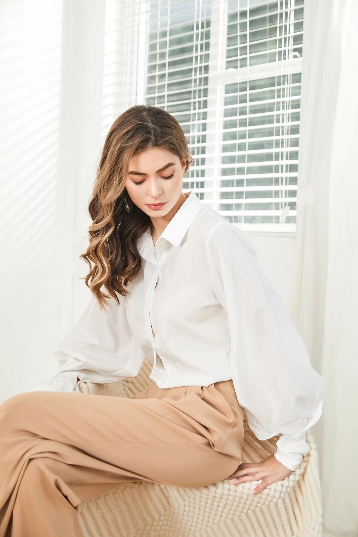 Lantern Sleeves Vintage Shirts Women Elegant White Women's Blouse with Lush Sleeves 2025 Fashion Button Up Shirt Black dropship