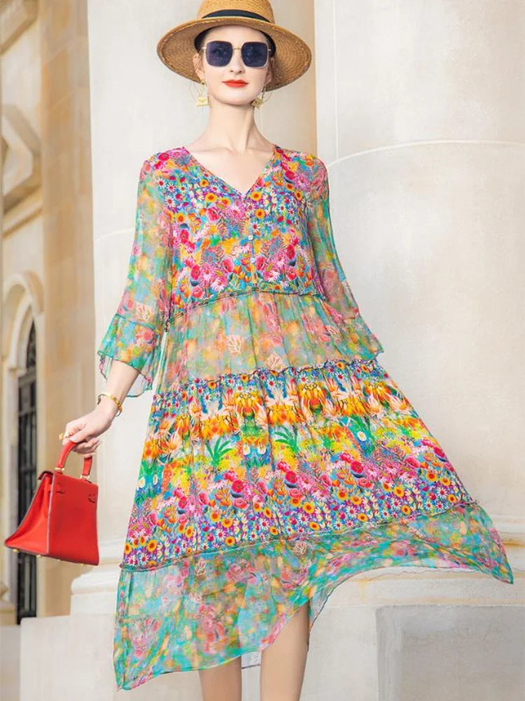 High Quality Summer 2025 Beach Boho Vintage Print Chiffon V Neck Dress Elegant Party Robe Designer Vespids Loose Midi Dress