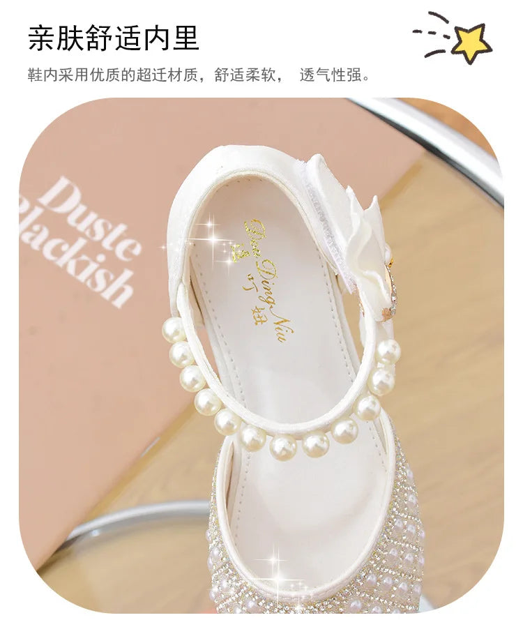Rhine stones Princess Party Shoes Shiny Crystal Bow White Children High Heels Girls Sandals Summer Kids Student Performance Shoes