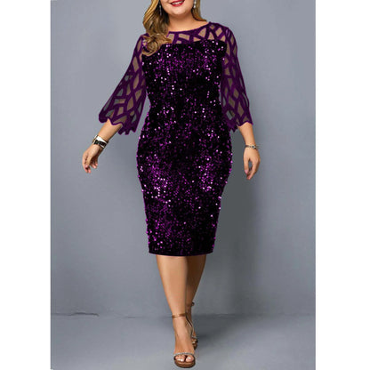 Elegant Sequin Plus Size 4XL 5XL Women Midi Dress Sexy Casual Evening Party Dress Gown Wedding Luxury Robe Rouge Vestidos