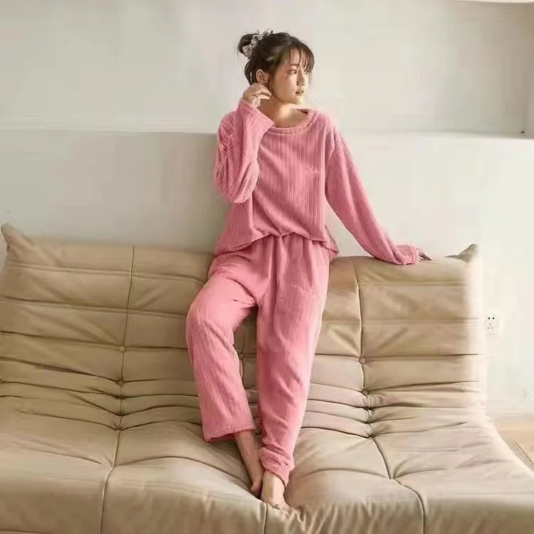 2025 Autumn Winter Warm Flannel Women Pijamas Sets Thick Coral Velvet Long Sleeve Cartoon Sleepwear Thin Flannel Pajamas Set