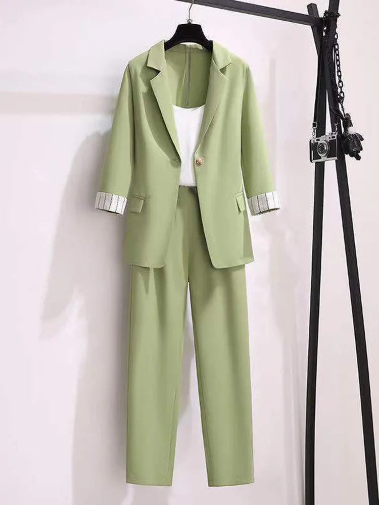 2025 spring new plus size Korean elegant women's suit female blazer leisure pants Tweed suit jacket three piece jacket pants set
