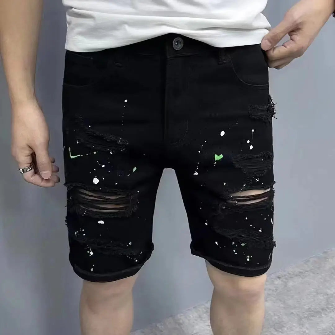 Summer Casual Men's Denim Shorts Korean Straight Washed Jeans Short Ins Ripped Cat Whisker Ink Splash Plaid Black Five-Pants