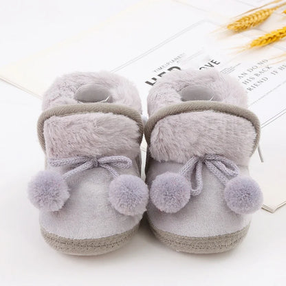 Winter Snow Baby Boots Faux Fur Warm Fluff Balls Indoor Cotton Soft Sole Infant Newborn Toddler Baby Shoes 0-18M