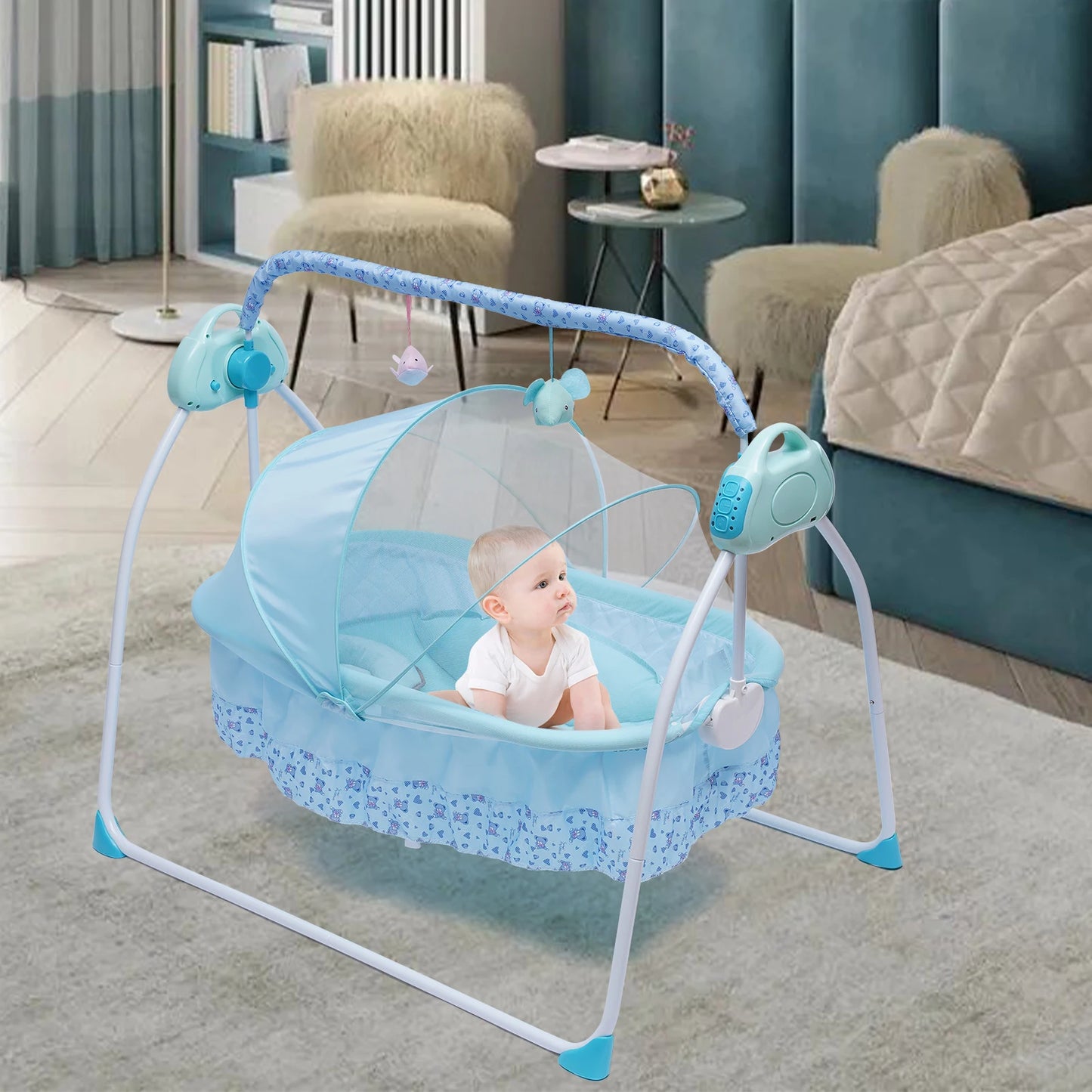 5 Gears Electric Auto-Swing Baby Crib Cradle Sleep Bed Infant Rocker + Net Music Bluetooth Music Adjustable+ Mat