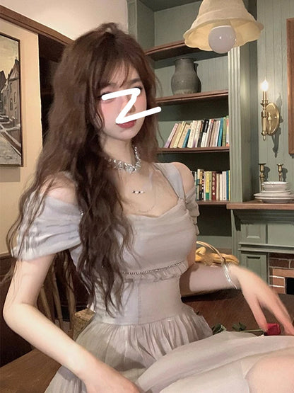 Korean Casual Midi Dress for Women 2025 New Summer Fashion Elegant Off The Shoulder Folds Ruffle Female Clothes Birthday Dress