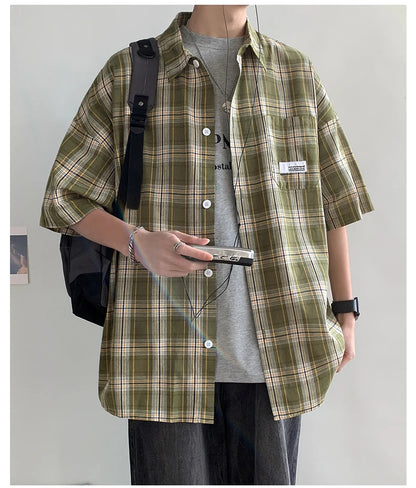 Korean Y2k Streetwear Plaid Shirt Men Shirts 2025 New Summer Fashion Chemise Homme Men's Checkered Shirts Short Sleeve Men Blouse