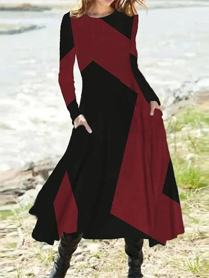 New 2025 Women's Casual Elegant Party Dress Contrast Color Ladies Spring Autumn Loose Long Sleeve Dress with Pockets Midi Dress