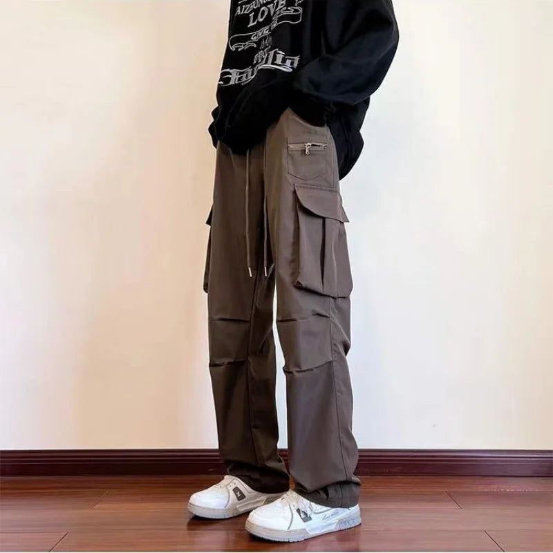 New Overalls Men's Spring Summer Retro High Street Casual pants Large Pocket Trousers Loose Straight Tube Draped Wide-leg Pants