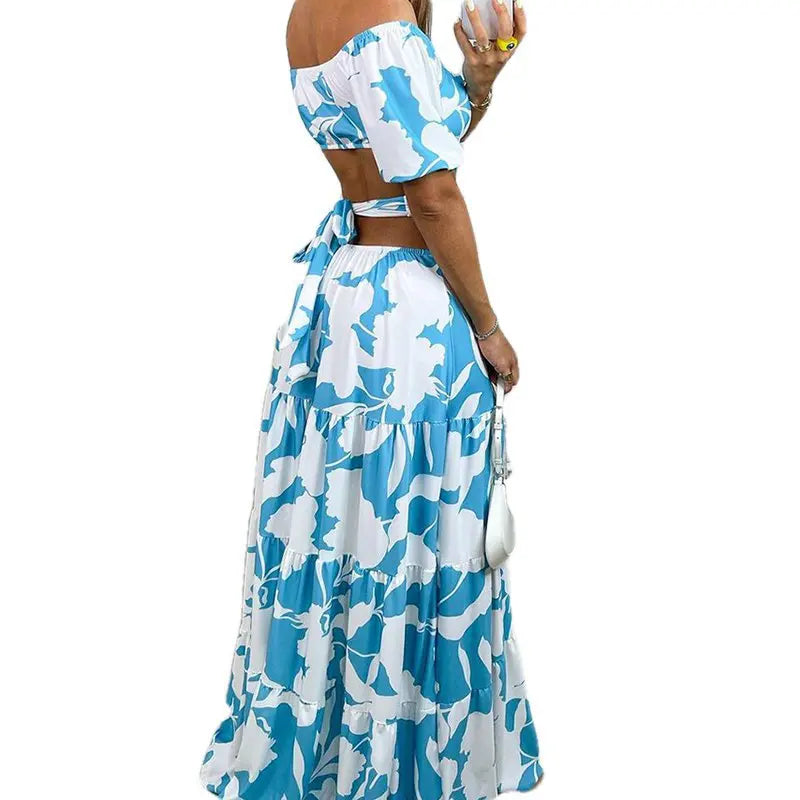 Women's Temperament Commuting Slim Fit Printing Hollow Lace up Large Swing Dress Women's Fashion Short Sleeve High Waist Dr