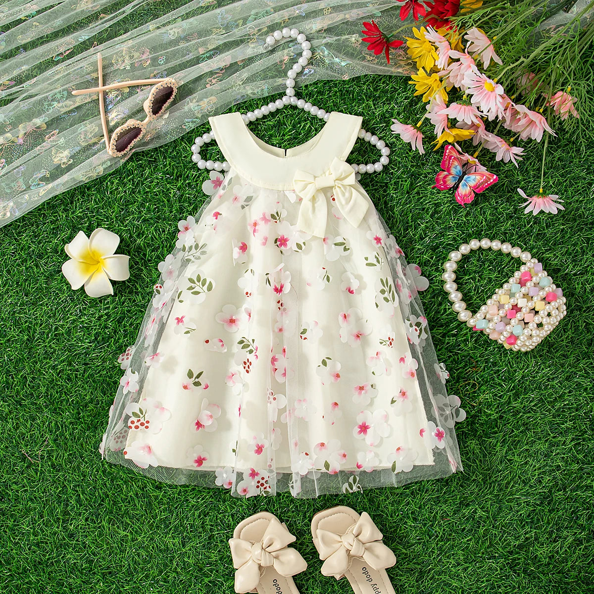 (0-3 Years Old) Summer Mesh All Over Flower Bow Baby Girl Dress Cute Sleeveless Girl Princess Dress