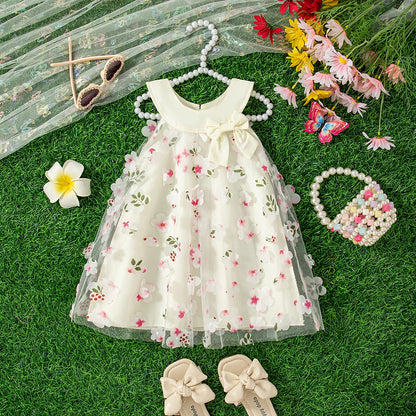 (0-3 Years Old) Summer Mesh All Over Flower Bow Baby Girl Dress Cute Sleeveless Girl Princess Dress
