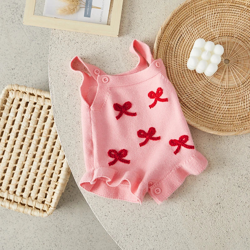 Suefunskry Baby Girl Overalls, Sleeveless Bows Pattern Knit Romper Bodysuit Spring Fall Clothes for Casual Daily
