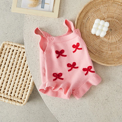 Suefunskry Baby Girl Overalls, Sleeveless Bows Pattern Knit Romper Bodysuit Spring Fall Clothes for Casual Daily