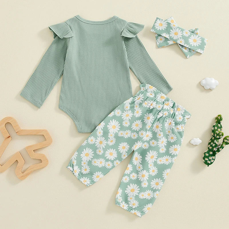 0 3 6 9 12 18 Months Baby Girl Clothes Ruffle Sleeve Romper Daisy Pant Sets Fall Winter Outfit for Infant Toddler