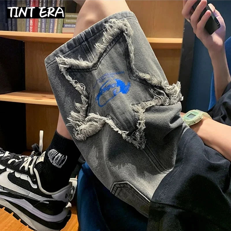 TINT ERA Y2K Men's Streetwear Breeches Star Korean Haruku Pocket Denim Hip Hop Cargo Short Pants Grunge Bermudas Jeans Shorts