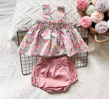 Baby Summer Dress Suit Baby Girl Clothes 0-2 Years Infant Toddler Cherry Sling Dress Bread Pants Two-piece Clothing Set