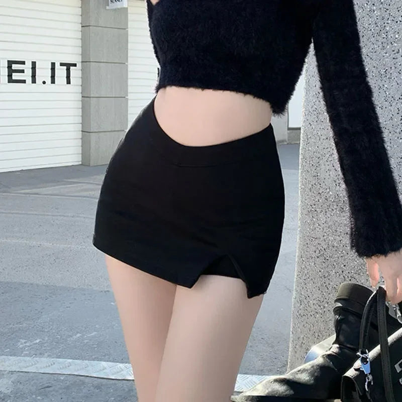 2025 Black Split Mini Skirts Women Summer Club High Waist Slit Skirt Streetwear Korean Party Fashion Irregular Slim A Line Skirt