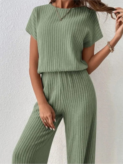 Women Spring Autumn New Collection Solid Color Fine Pit Strip Fashion Shoulder Short Sleeve Knitted Set Top Pants Two Piece Set