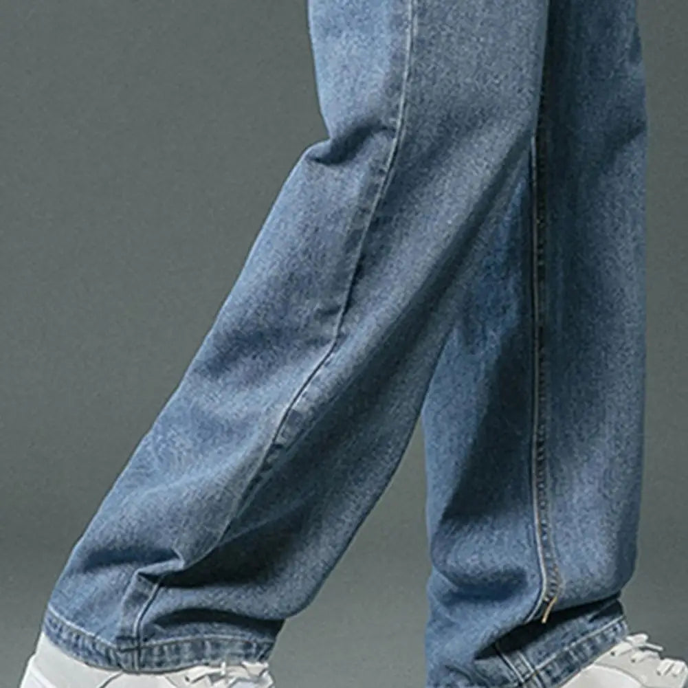 Straight-leg Men Jeans Men's Wide Leg Denim Pants Hip Hop Style Washed Jeans with Pockets Classic Straight Casual for Spring