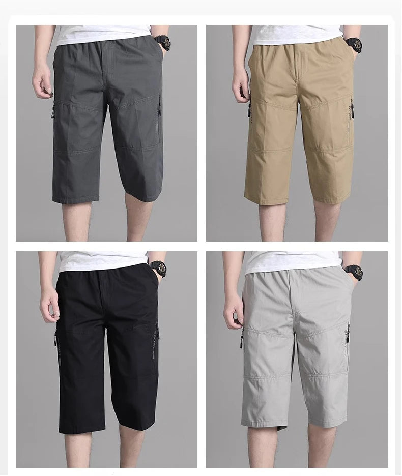 Men's Cargo Shorts Knee Pants Zipper Pocket Summer Cotton Shorts Climbing Jogger Elastic Waist Sports Wear