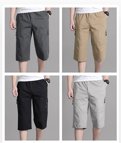 Men's Cargo Shorts Knee Pants Zipper Pocket Summer Cotton Shorts Climbing Jogger Elastic Waist Sports Wear