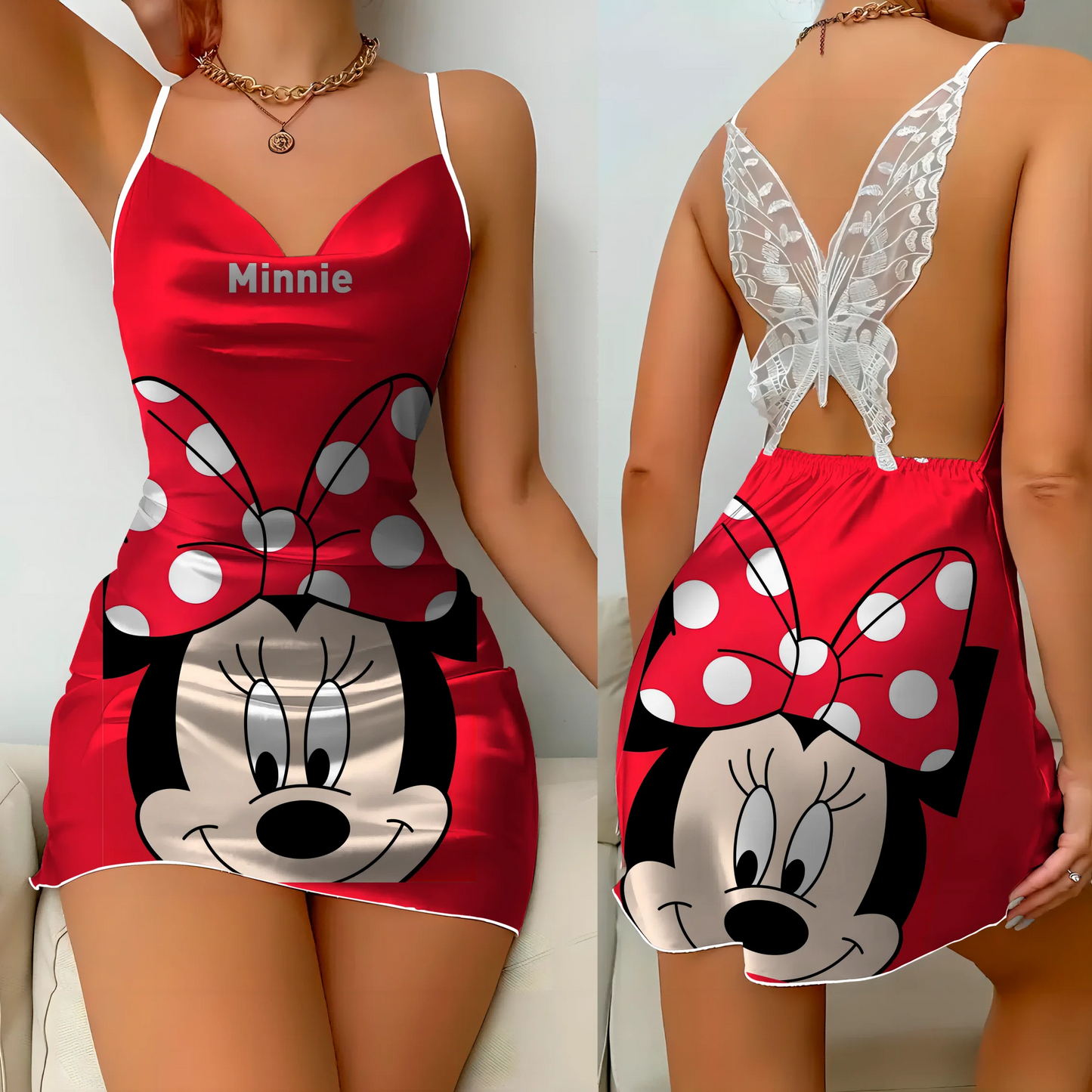 Minnie Mouse Backless Dress Fashion Summer Dresses 2025 Pajama Skirt Bow Knot Mickey Disney Satin Surface Women's Elegant Women