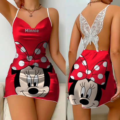 Minnie Mouse Backless Dress Fashion Summer Dresses 2025 Pajama Skirt Bow Knot Mickey Disney Satin Surface Women's Elegant Women