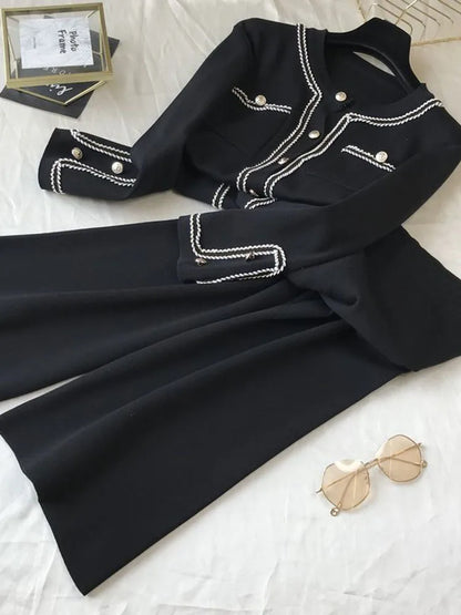 Women Casual Knitted 2 Pieces Sets Korean Cropped Knitwear Sweater Cardigan Tops Conjuntos High Waist Ankle Length Pants Suits