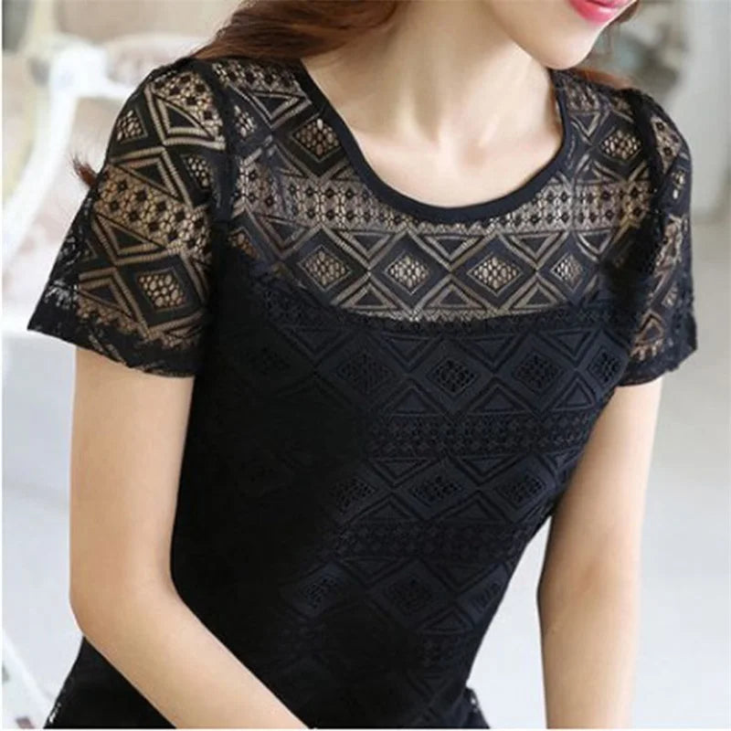 New Women Clothing Chiffon Blouse Lace Crochet Female Korean Shirts Ladies Blouse Tops Shirt White Blouses Slim Fit Tops 2025