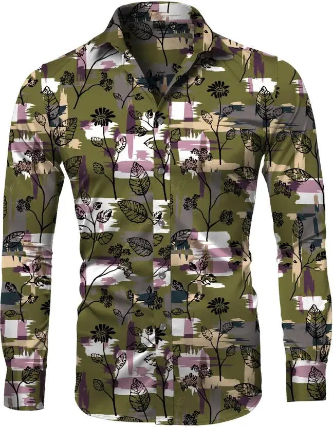 Fashion Irregular Plaid Flower Print Men's Long Sleeve Shirt Casual Party Street Hawaiian Polo Collar Shirt