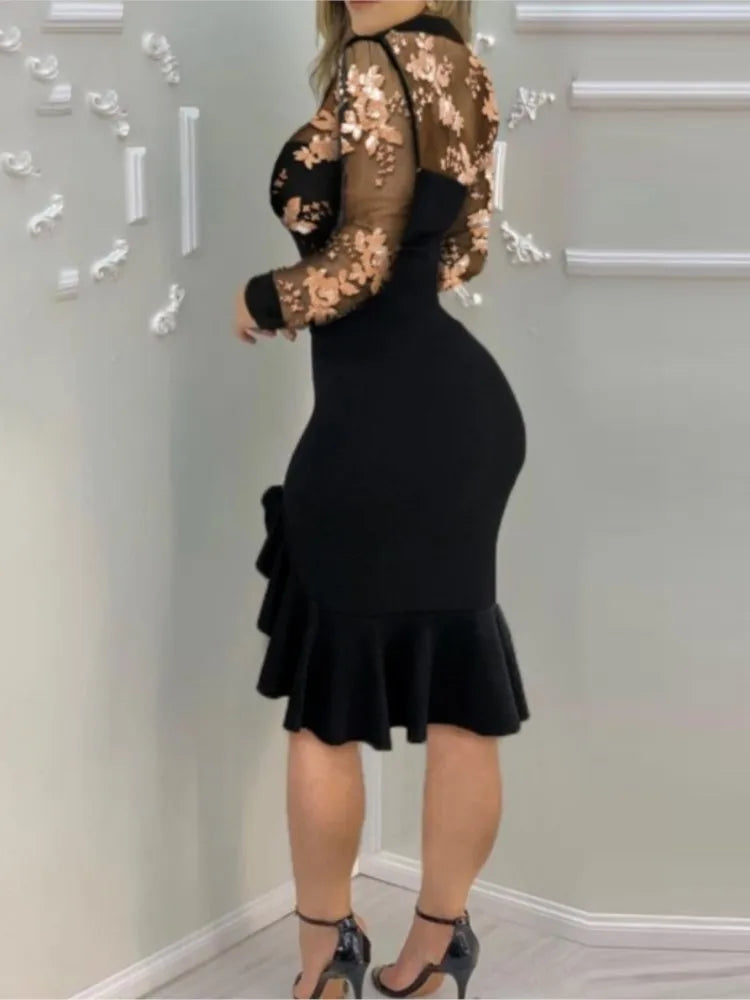 Long Dresses Spring Summer Sexy Mesh Ruffle Dress Women Long Sleeve Irregularity Midi Dress Fashion Print Elegant Party Dresses