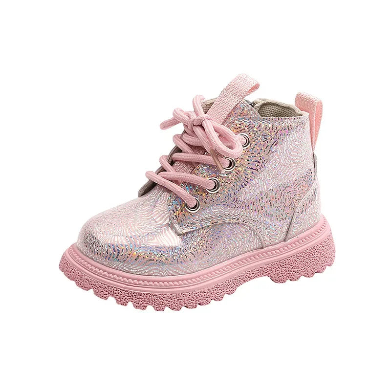 New Children's Autumn Boots Glossy Girls Causal Leather Boots Fashion Versatile Kids Princess Ankle Short Boots Round-toe Zipper