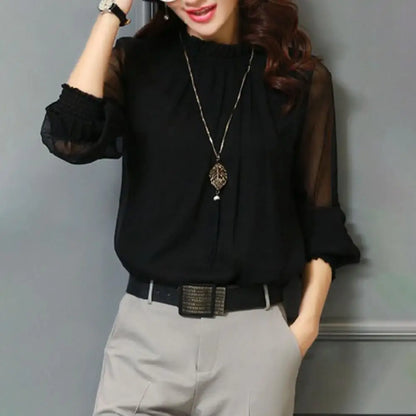 Perspective Net Mesh Sleeve Office Shirt Top Elastic Cuffs Women Shirt Elegant Ruffle Collar Blouse Solid Color Chiffon Shirt