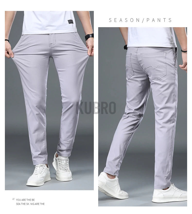 KUBRO Korean Style Cotton Soft Elastic Slim Straight Trousers Summer Thin Office Fashion Versatile Men's Business Casual Pants