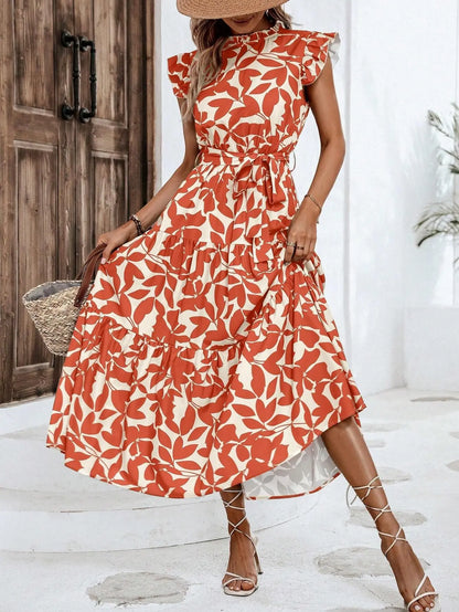 Elegant Women's Flower Midi Dress New Summer Fashion Stand Collar Flying Sleeve Lace Up Dress Casual Beach Holiday Dresses Robe