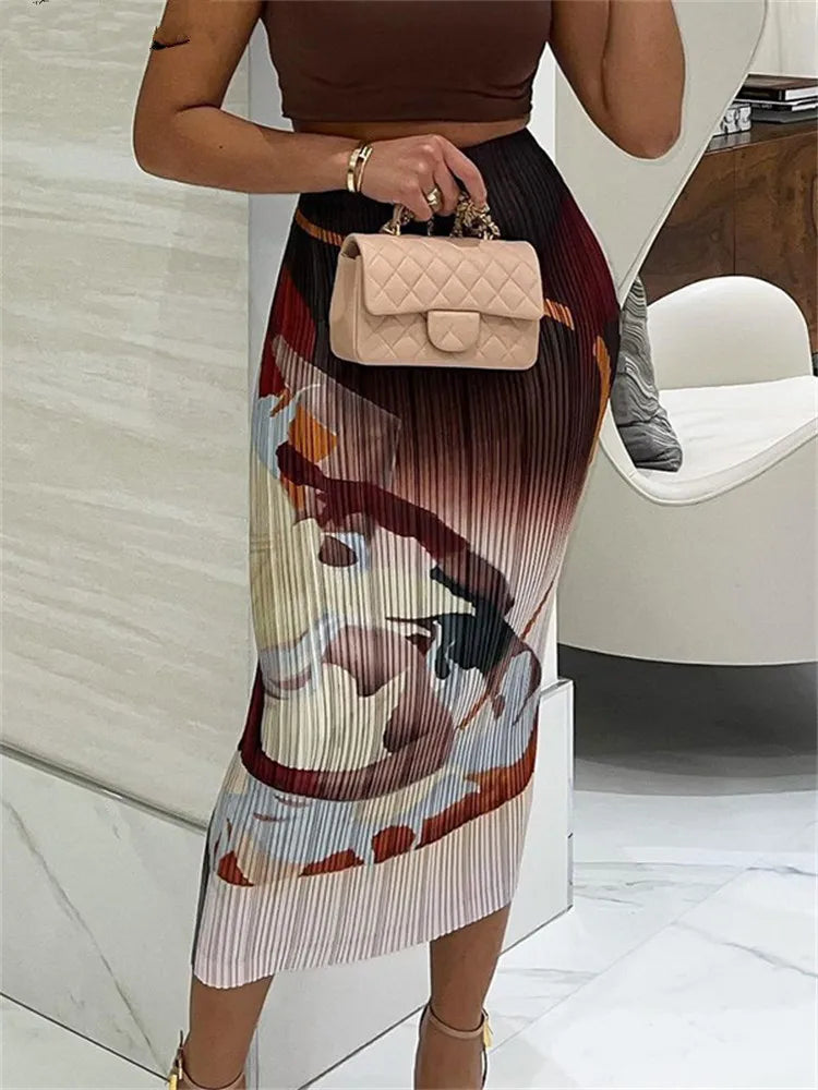 Women Vintage Art Print Ribbed Y2K Midi Skirt Elegant Bodycon Long Skirt Harajuku Wild Bottoms Harajuku Slim Fit Party Skirt
